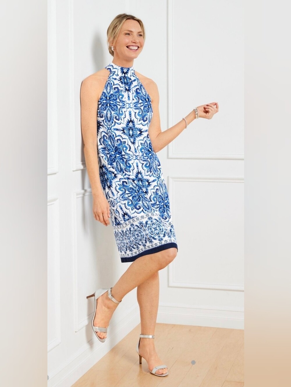 Talbots Sleeveless Blue & White medallions Halter Sheath Dress lightweight sz 14